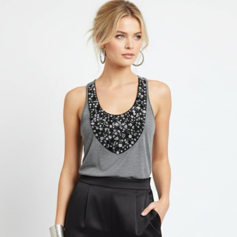Andrea Behar X Boston Proper Gray Embellished Tank Top S